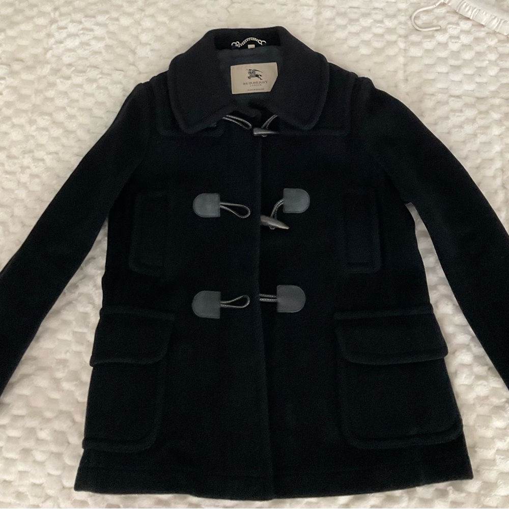 Authentic Burberry Wool Pea Coat with Leather Toggles $995